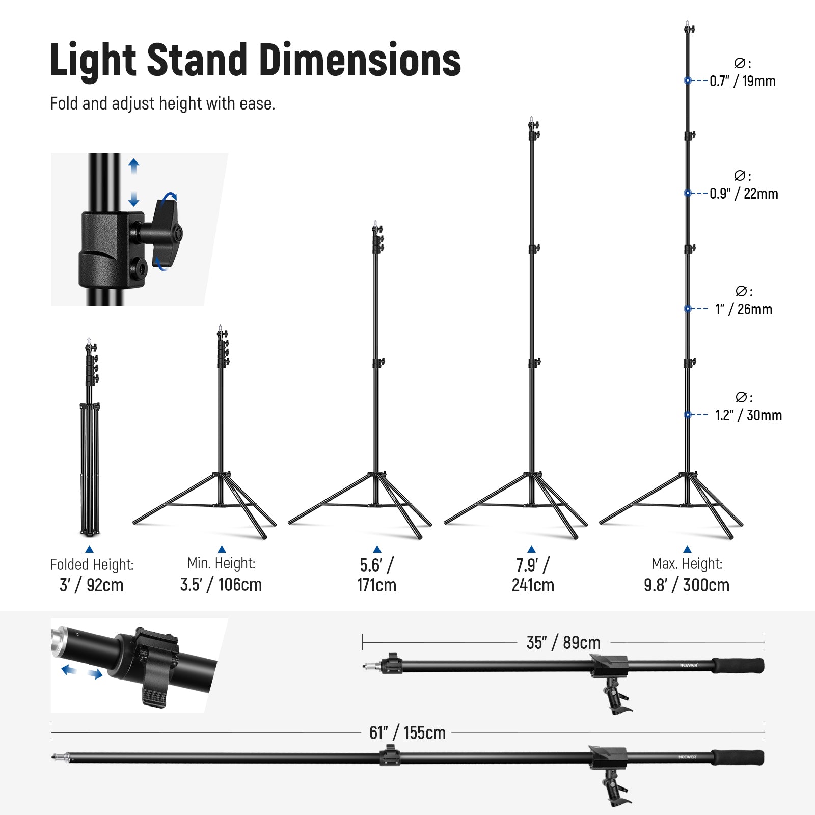 Product dimensions of the NEEWER 300cm Air Cushioned Light Stand