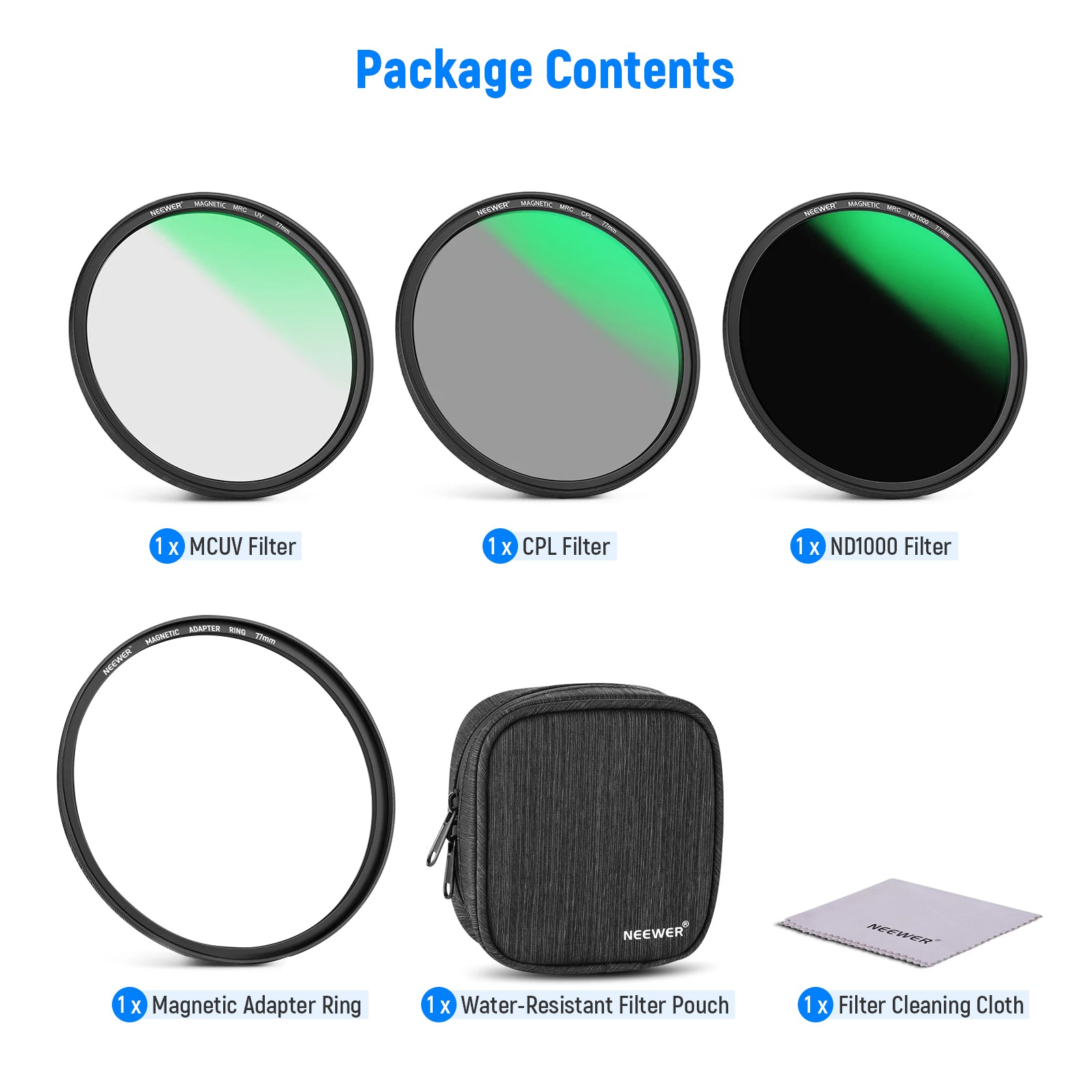Package Contents of the NEEWER 4-in-1 Magnetic Lens Filter Kit
