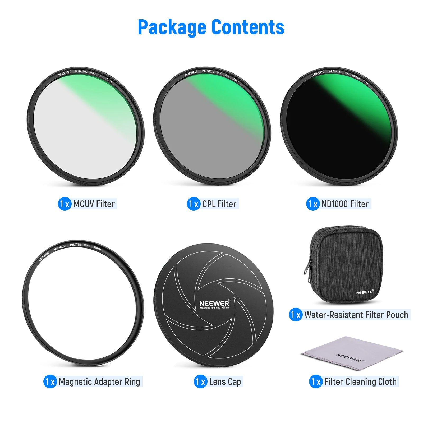 Package Contents of the NEEWER 5-in-1 Magnetic Camera Filter Kit