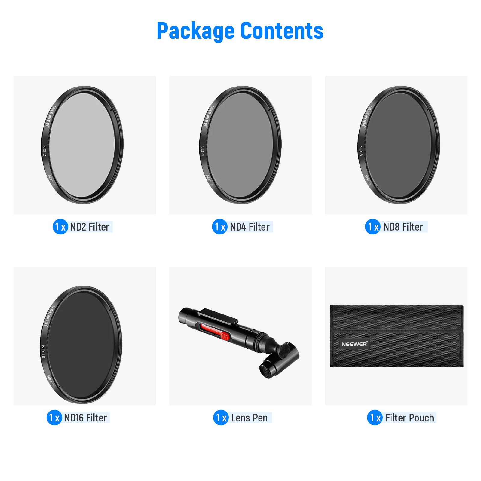 Package Contents of the NEEWER 4 Pack ND Lens Filter Kit