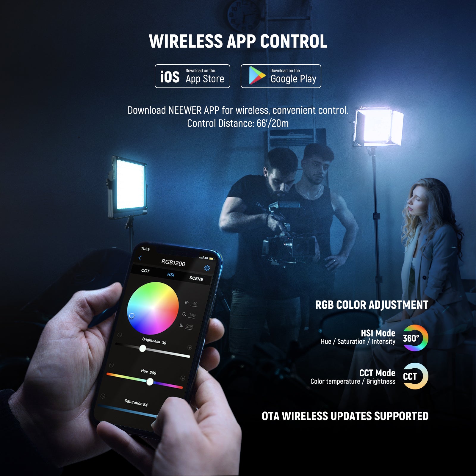 NEEWER RGB1200 RGB Video Light can be controlled by the NEEWER APP.