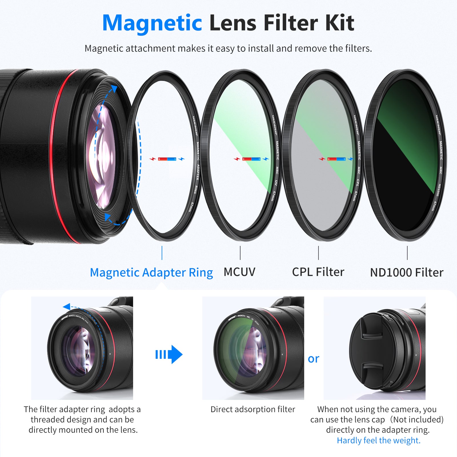 the NEEWER Magnetic Lens Filter Kit allows you to change or install filters in less than a second