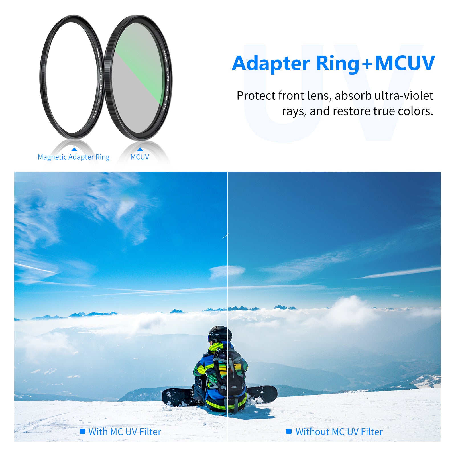 The MCUV filter reduces UV rays and eliminates blue casts in photos.