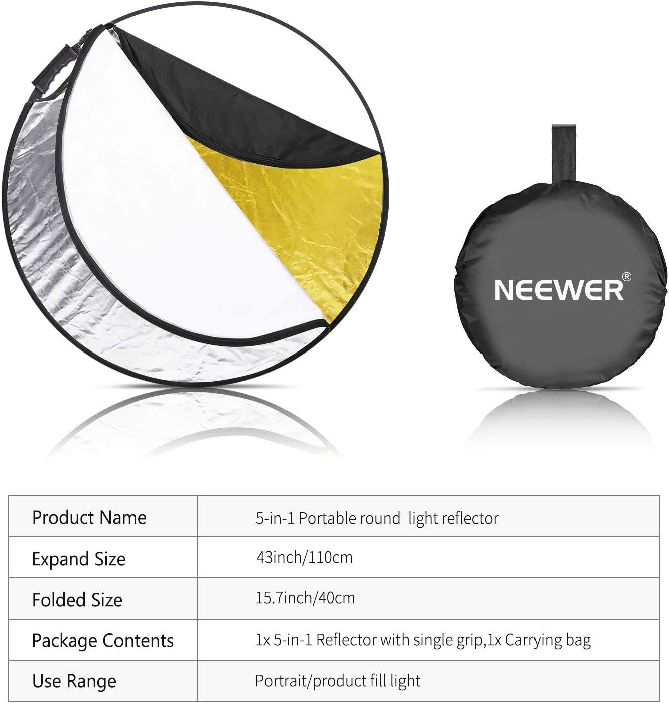 Package Contents of the NEEWER 5-in-1 110CM Round Reflector