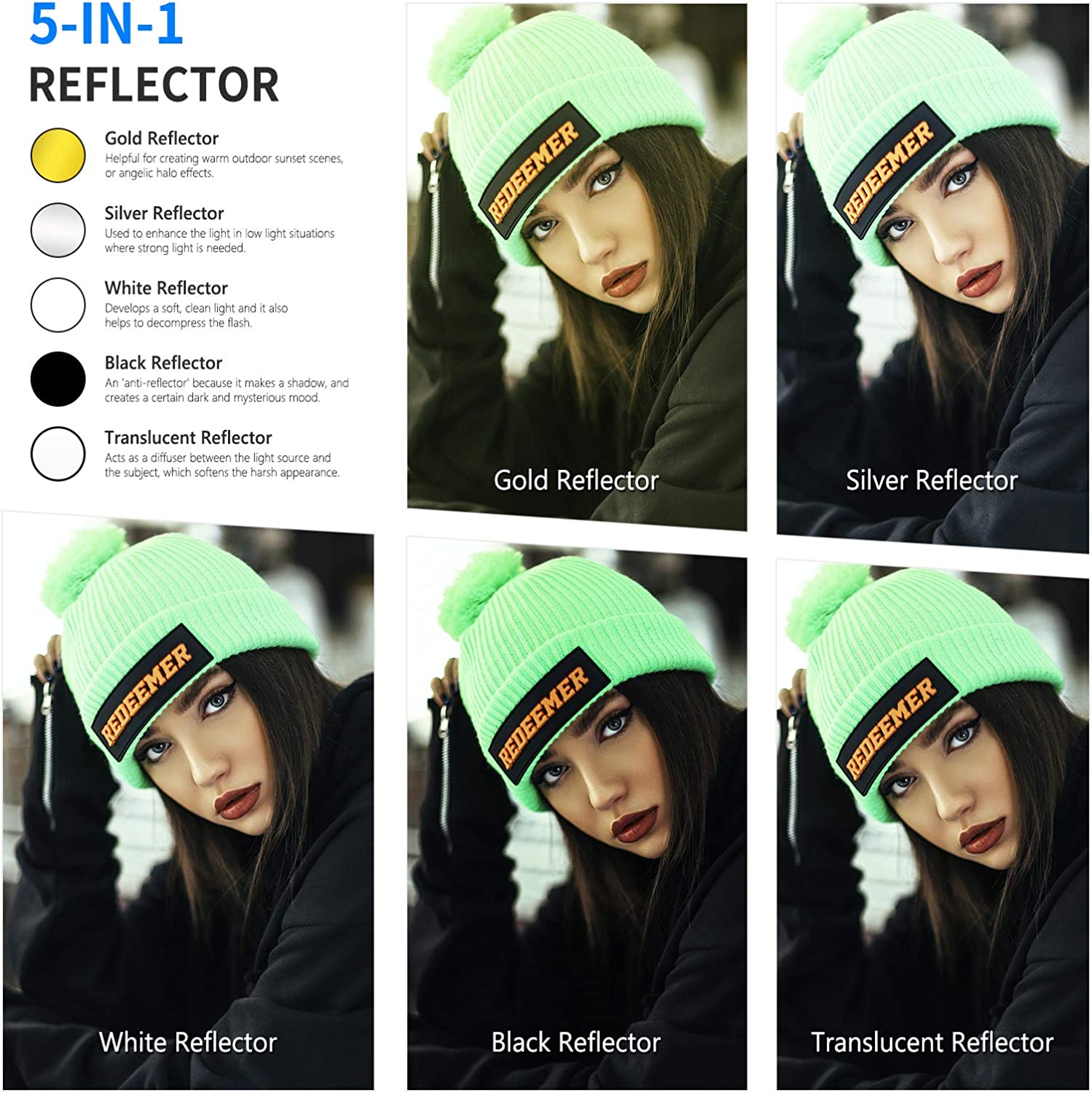 NEEWER 5-in-1 Round Reflector contains gold, silver, white, black and translucent reflectors.