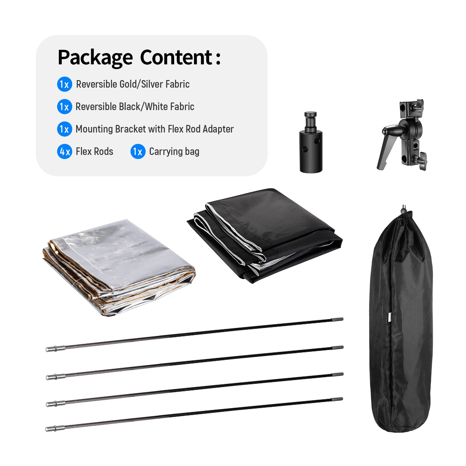 Package Contents of the NEEWER 90 x 180CM Light Reflector Kit
