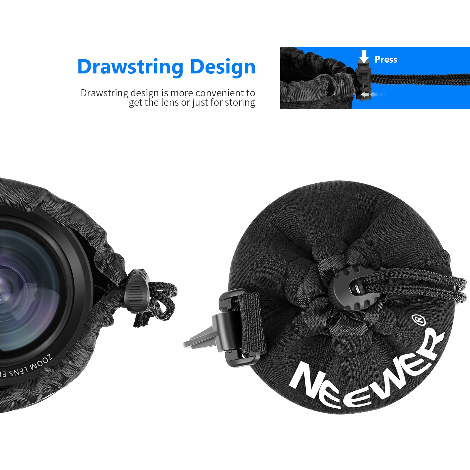 NEEWER Camera Lens Bag features a drawstring design.