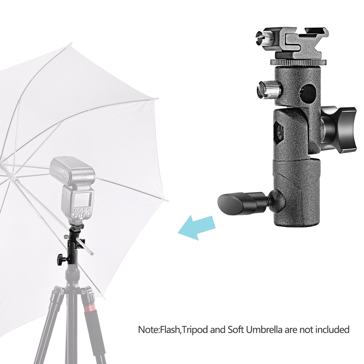 The bracket has a screw fitting for the flash mount, umbrella, and tripod mount.