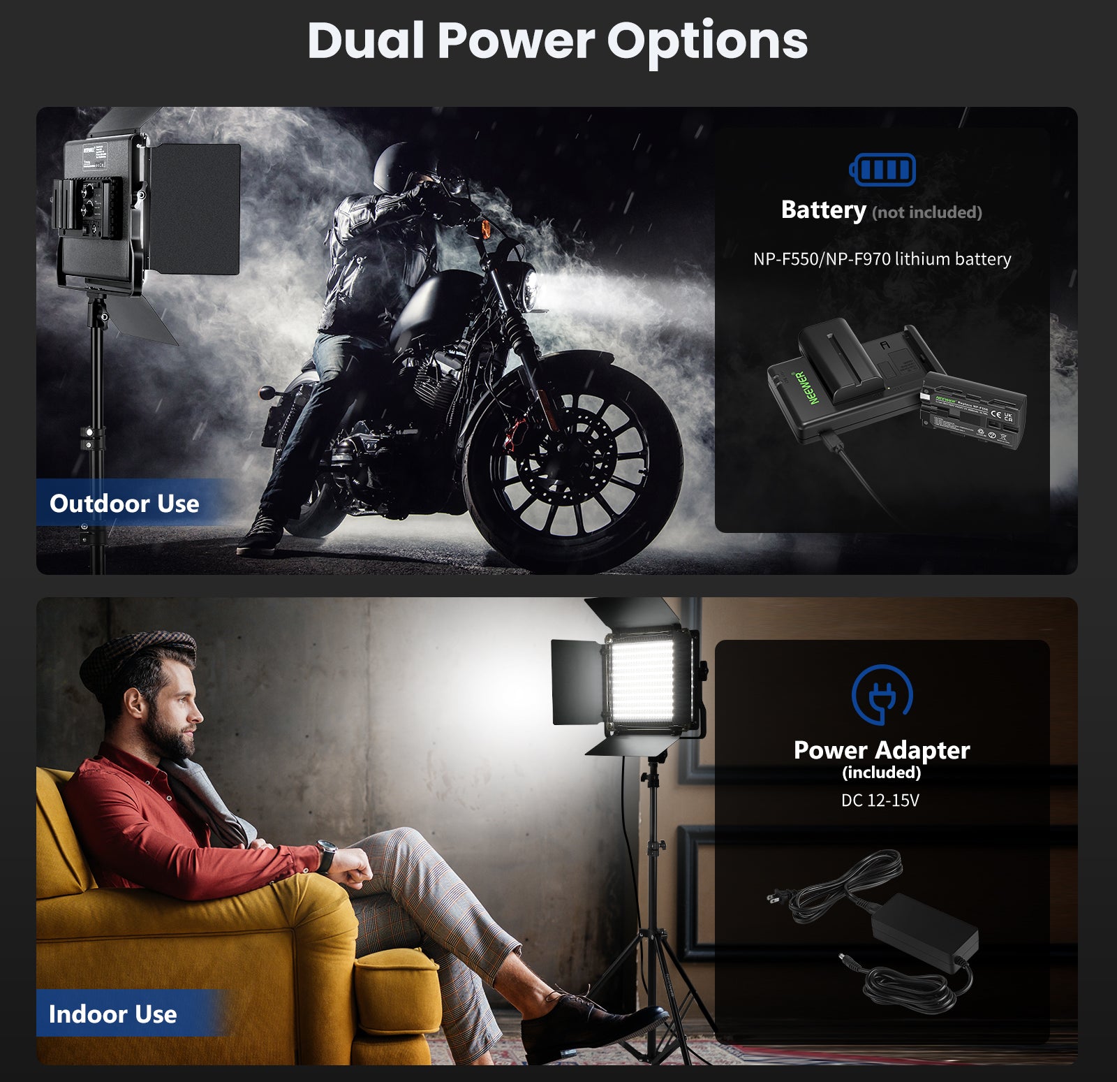 NEEWER NL660 Bi-Color 660 LED Video Light offers dual power options.