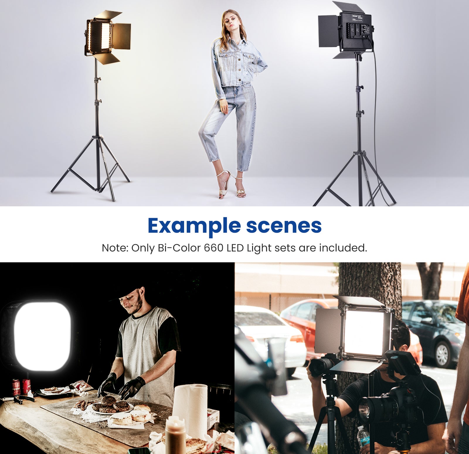 Example scenes of NEEWER 2 Pack NL660 Bi-Color 660 LED Video Light and Stand Kit