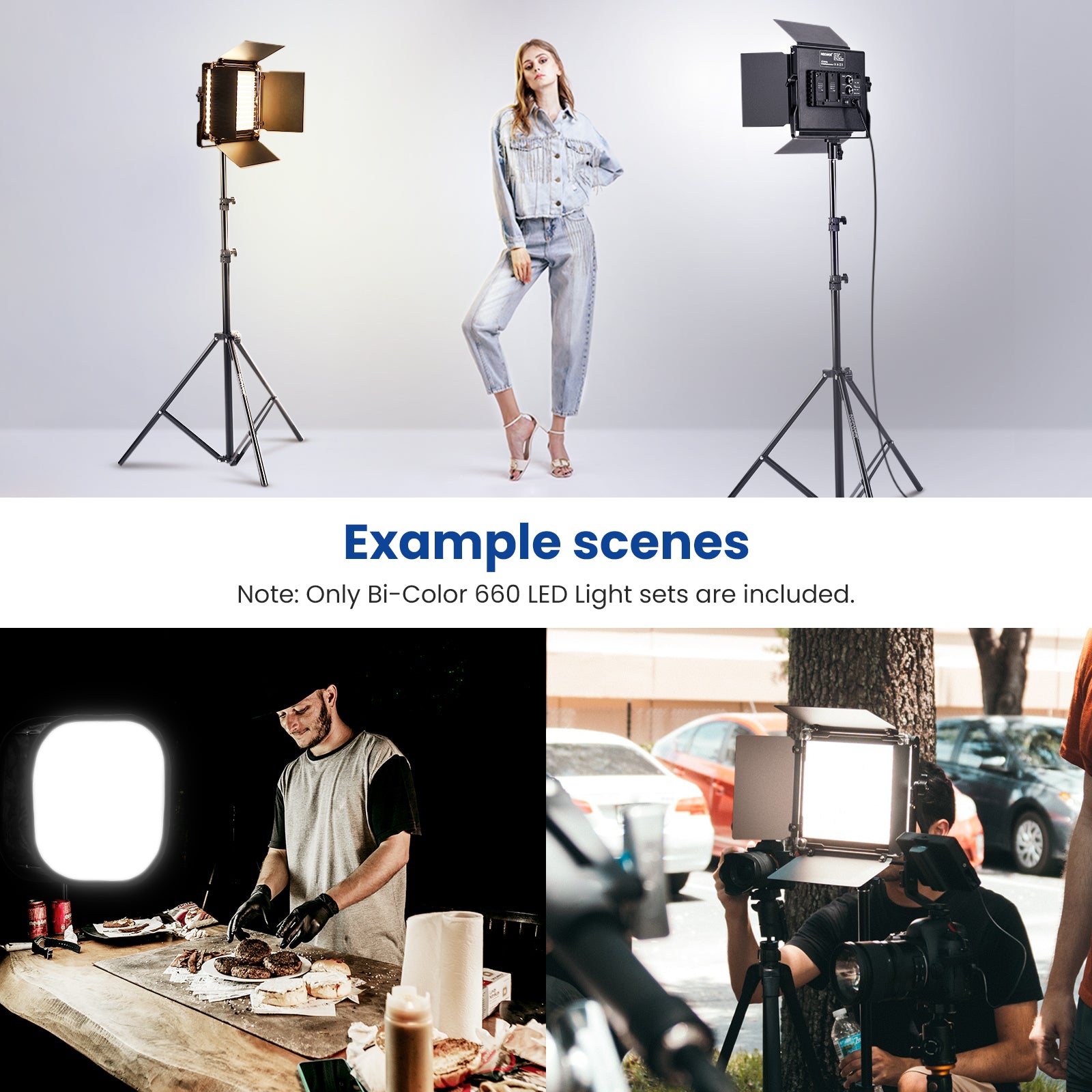 Example scenes of NEEWER 2 Pack NL660 Bi-Color 660 LED Video Light and Stand Kit