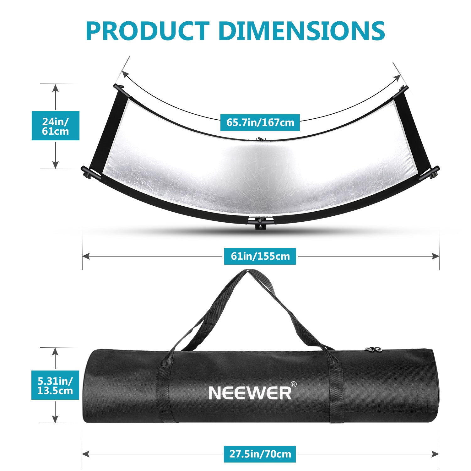 Product dimensions of the NEEWER 155 x 61cm Clamshell Reflector