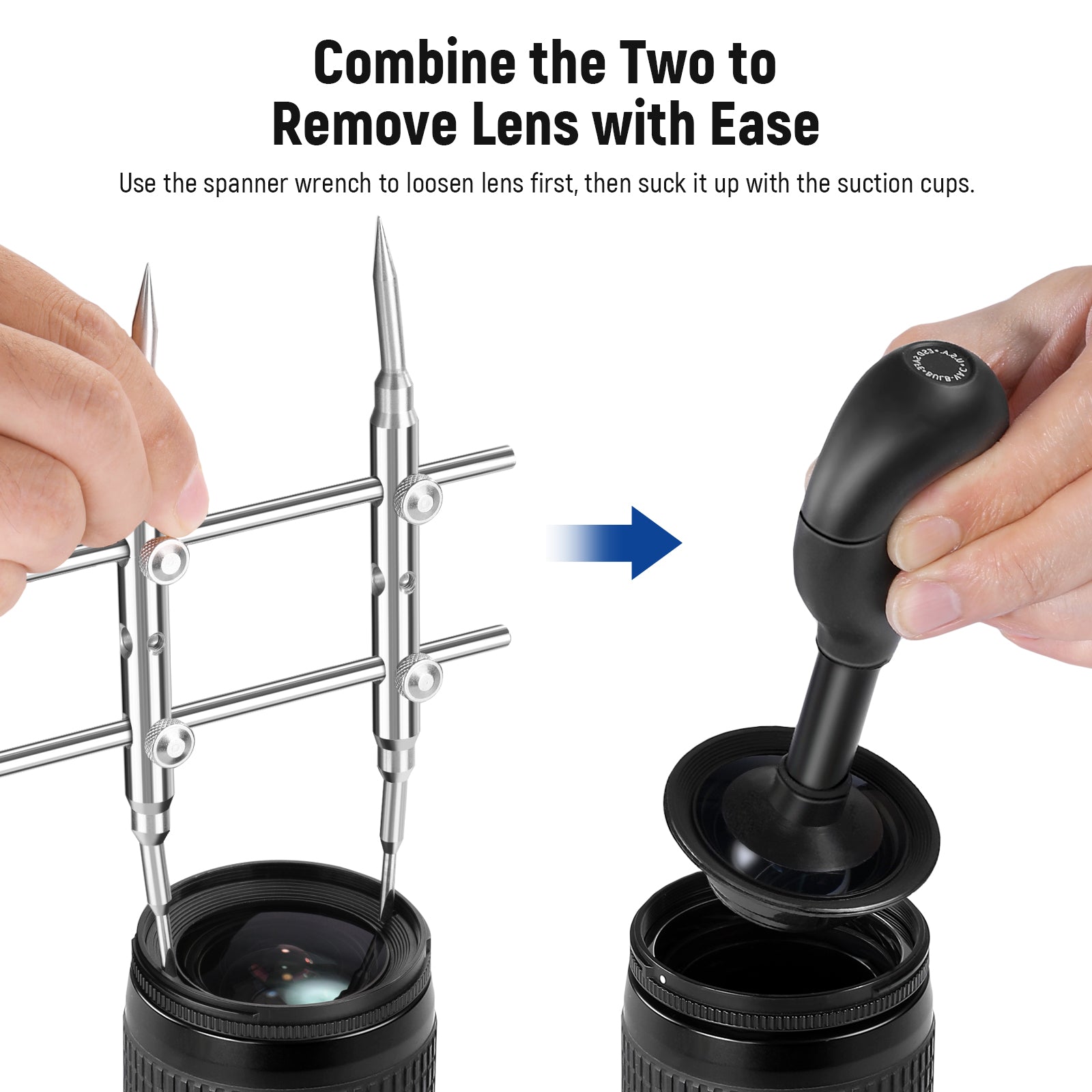 Combine NEEWER Lens Sucker and Spanner to remove lens with ease.