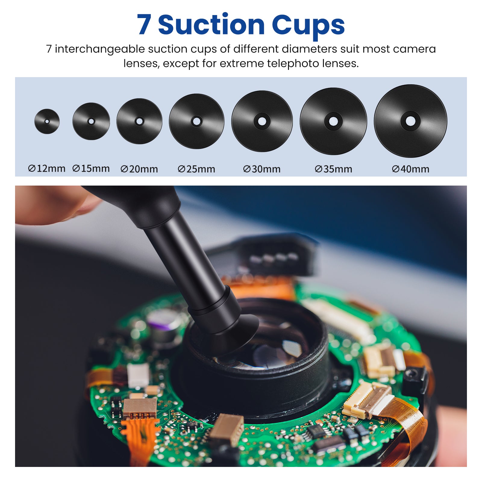 7 interchangeable suction cups with different diameters
