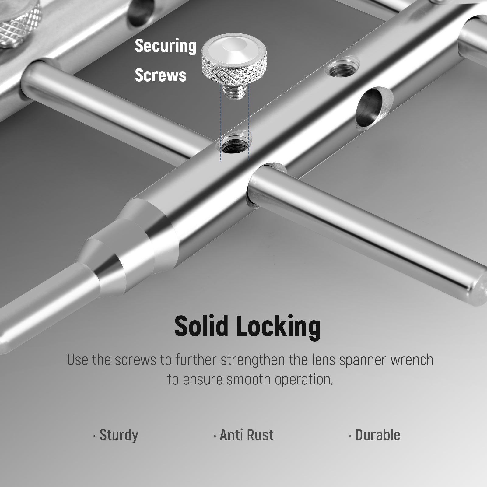 Use the screws to further strengthen the lens spanner wrench to ensure smooth operation