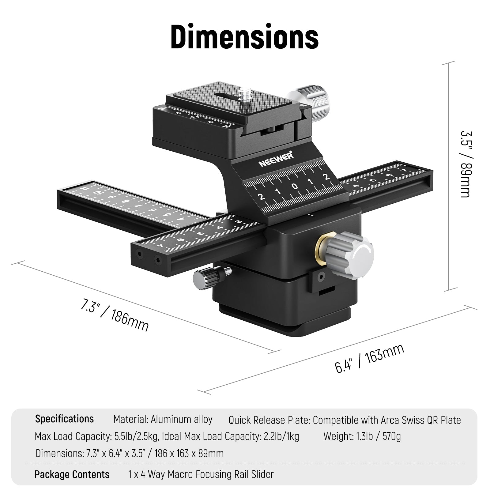 Product dimensions of the NEEWER 4-Way Macro Focusing Rail Slider