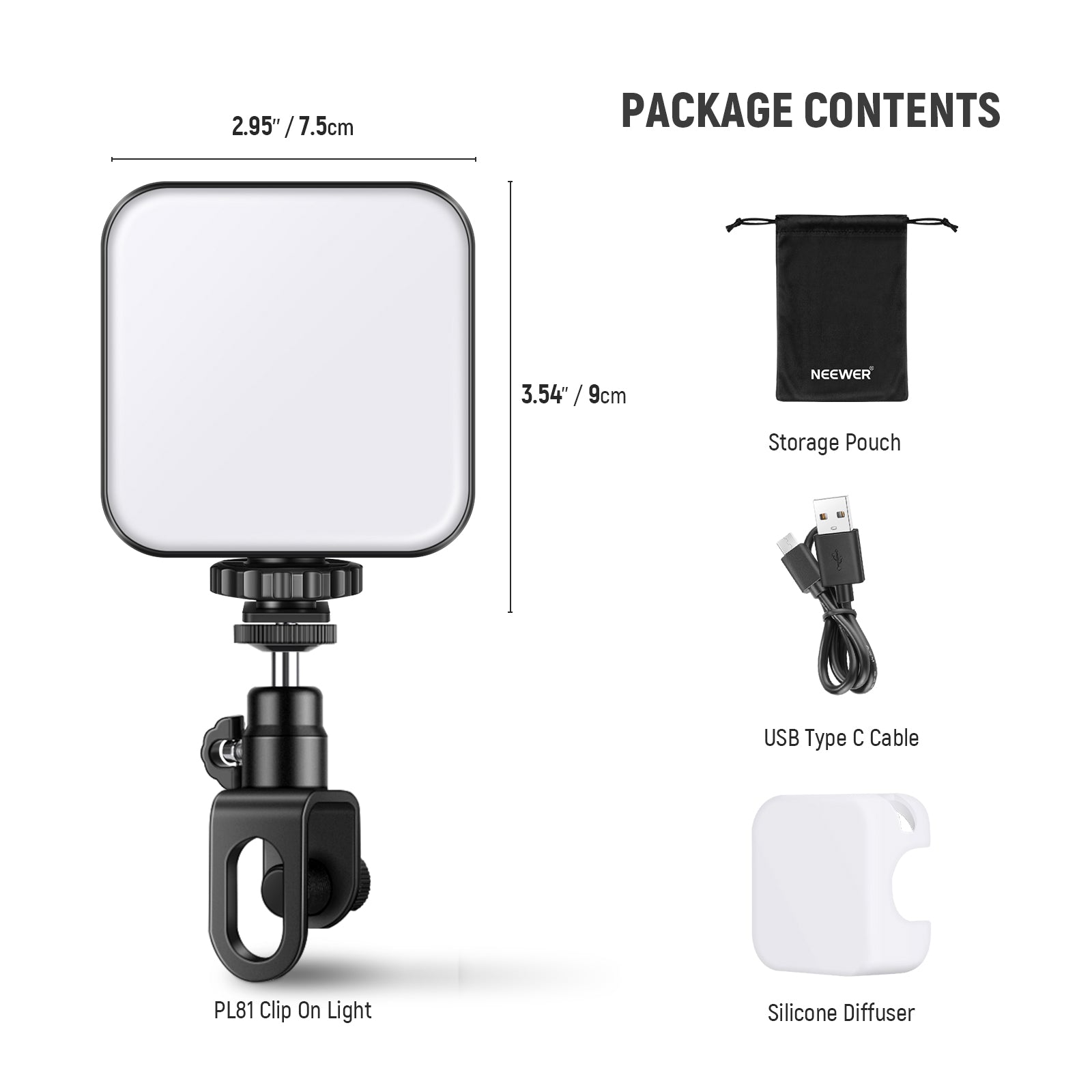 Package Contents of the NEEWER PL81 Clip On Light Selfie Light