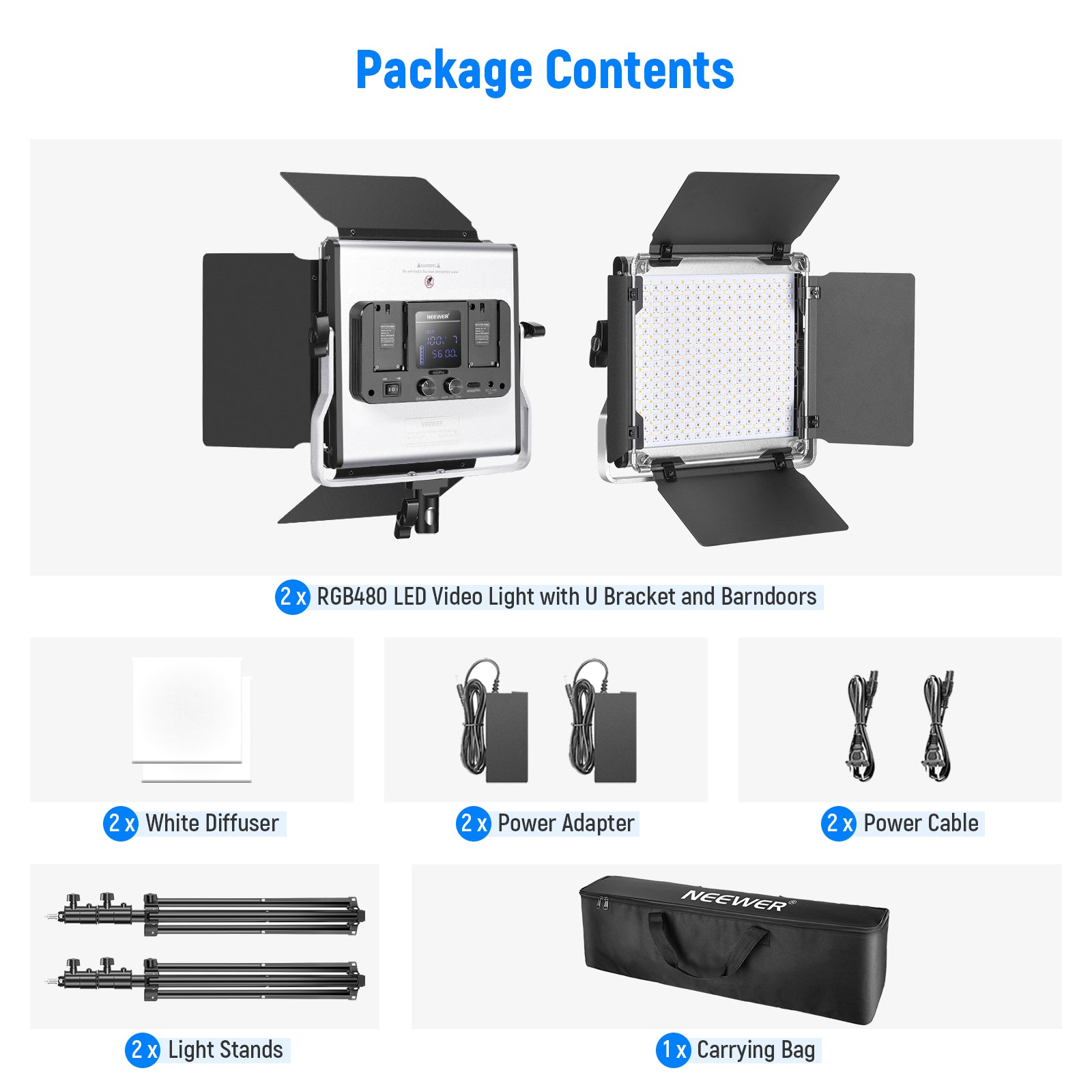Package Contents of the NEEWER 2 Pack RGB480 APP Control RGB LED Light
