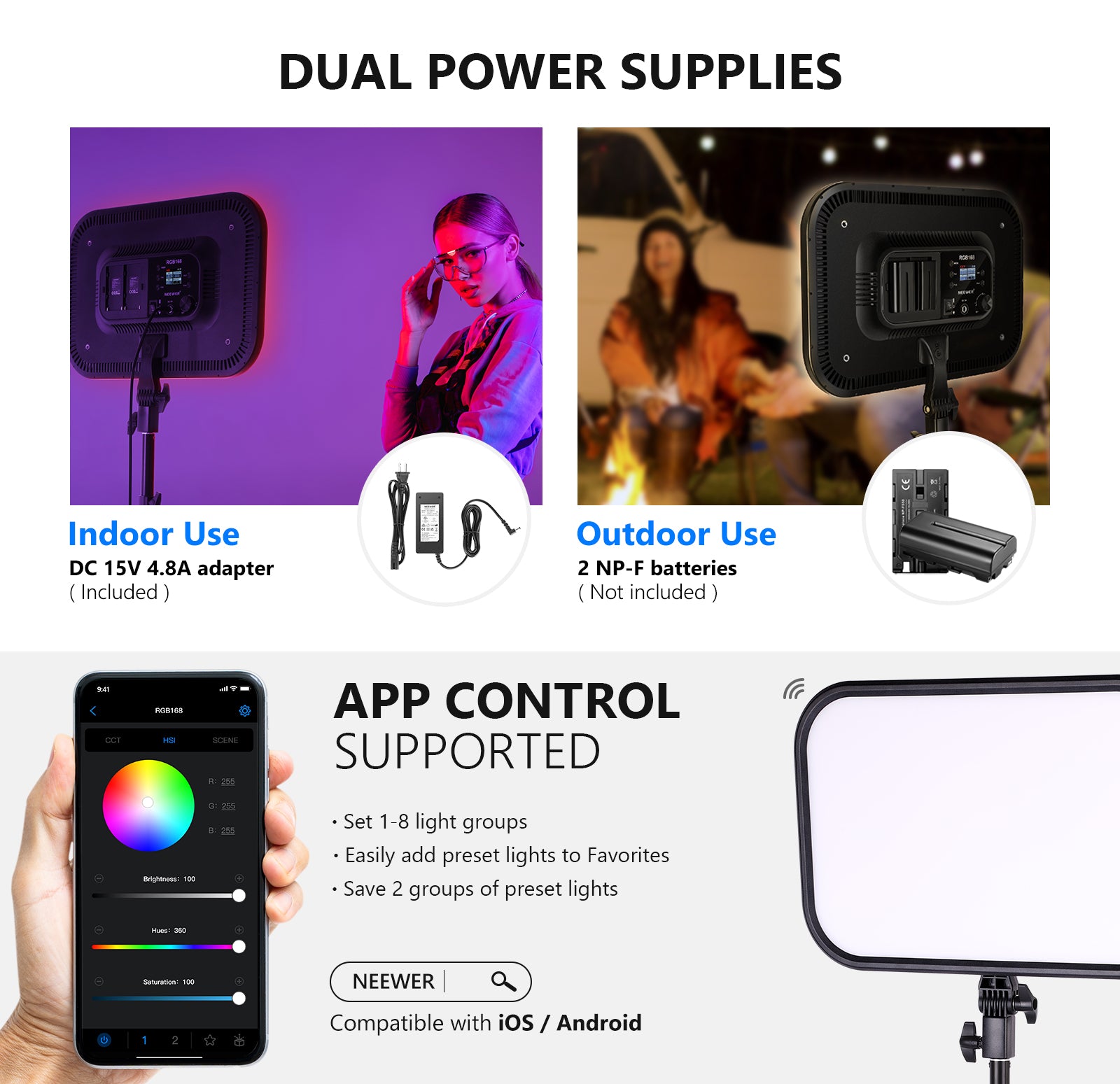 This RGB Video Light offers dual power supplies.