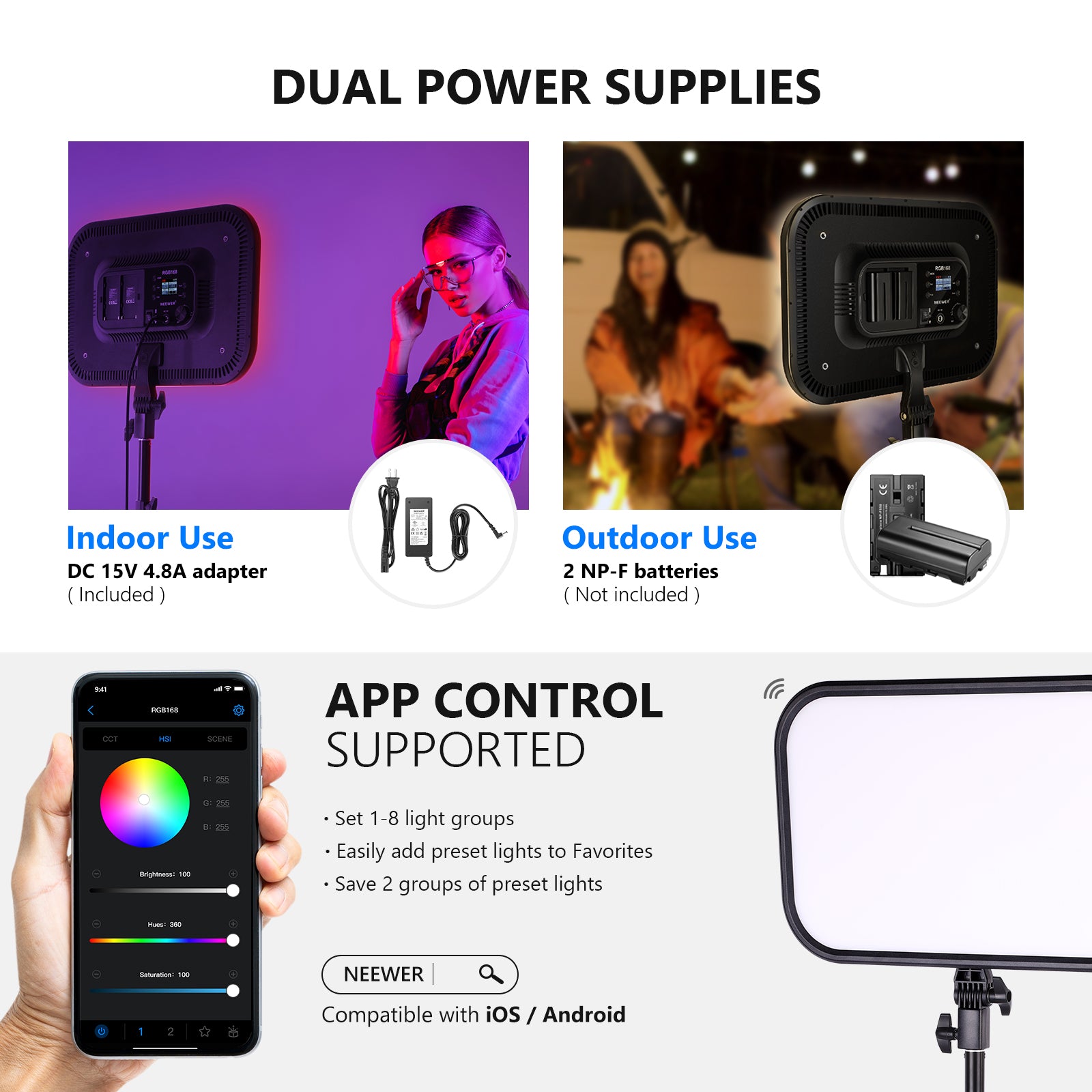 This RGB Video Light offers dual power supplies.