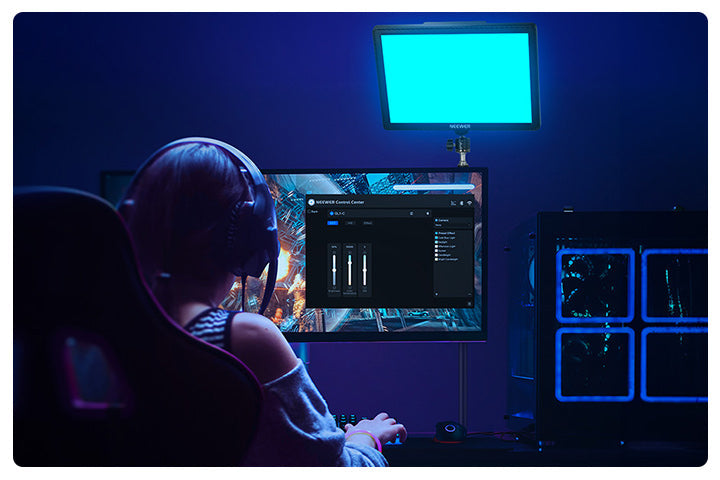 NEEWER GL1C RGB LED panel in a streaming setup, with NEEWER Control Center app showing color and brightness control