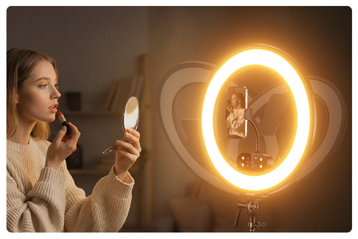 A girl is using the NEEWER RB18B cordless ring light to record makeup video.