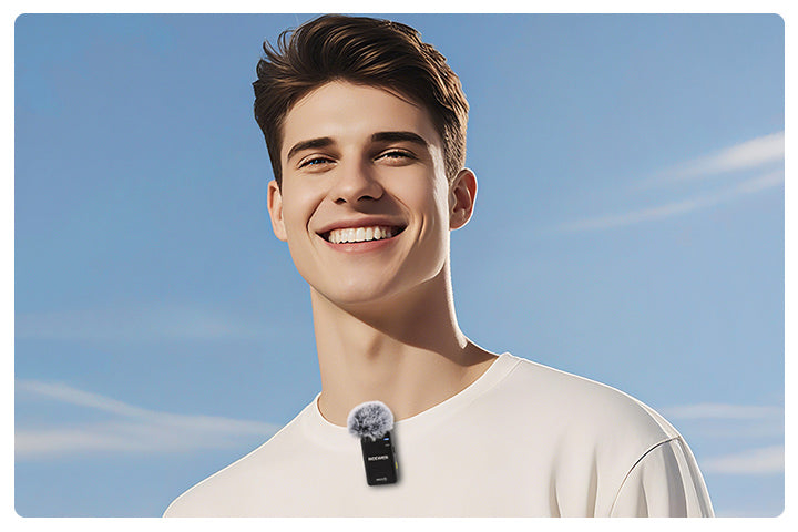 A boy wearing a NEEWER KM15 USB-C Wireless Microphone
