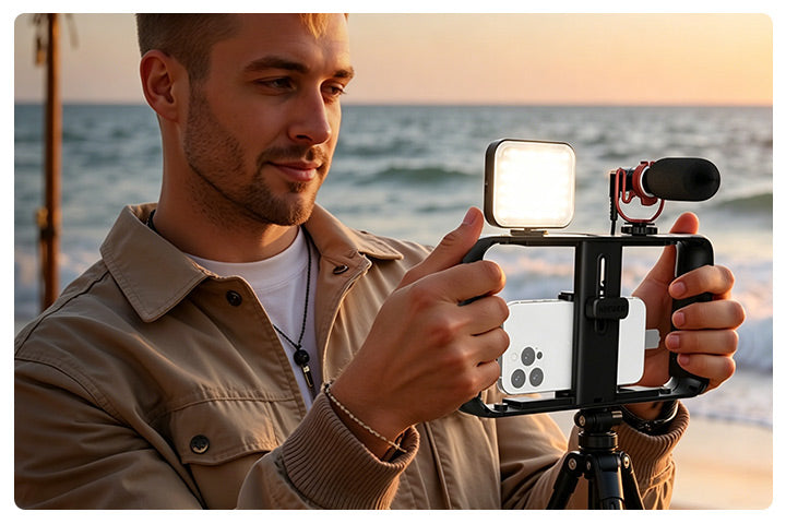 A man is shooting a vlog with the NEEWER BASICS PA055.