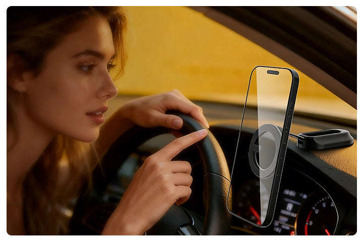 A woman safely navigates in a car while her phone is securely mounted on a dashboard via a magnetic mount.