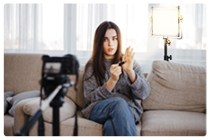 Live streaming setup with stand-mounted LED panel key light — NEEWER NL480 for YouTube production and dedicated camera setups requiring directional output