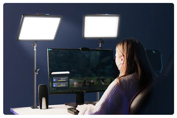 NEEWER GL1 PRO on desk stand beside gaming PC, soft face lighting for live stream
