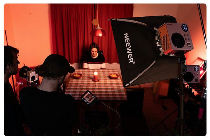 NEEWER HB80C compact key light paired with a softbox in a small-room video production setup
