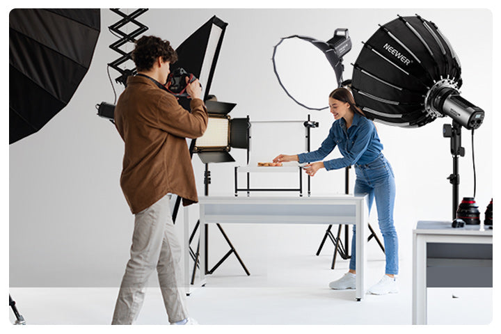 NEEWER MS150C COB key light with softbox in a studio product photography setup