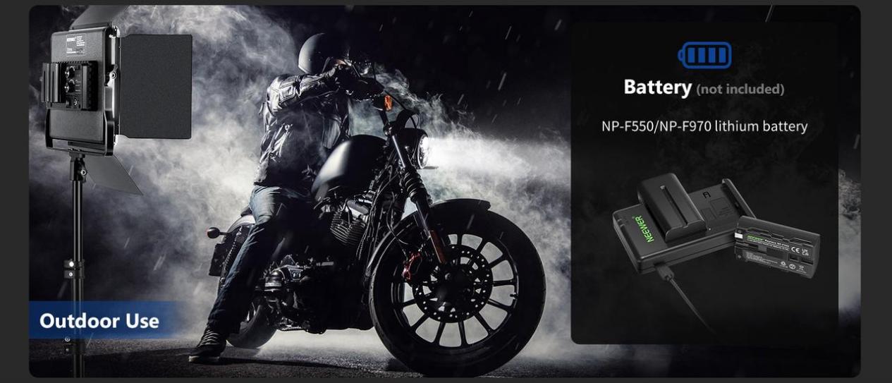 Neewer NP-F battery-compatible LED panel light for outdoor shooting.