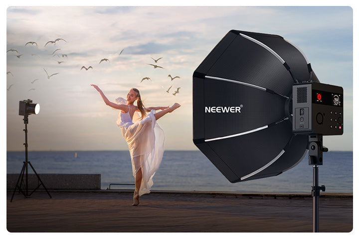Octagonal softbox light for NEEWER Q6 outdoor dance shoot.