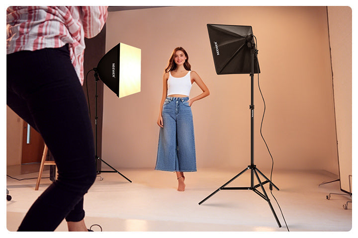 beginner portrait lighting setup with softbox kit in tiny home studio