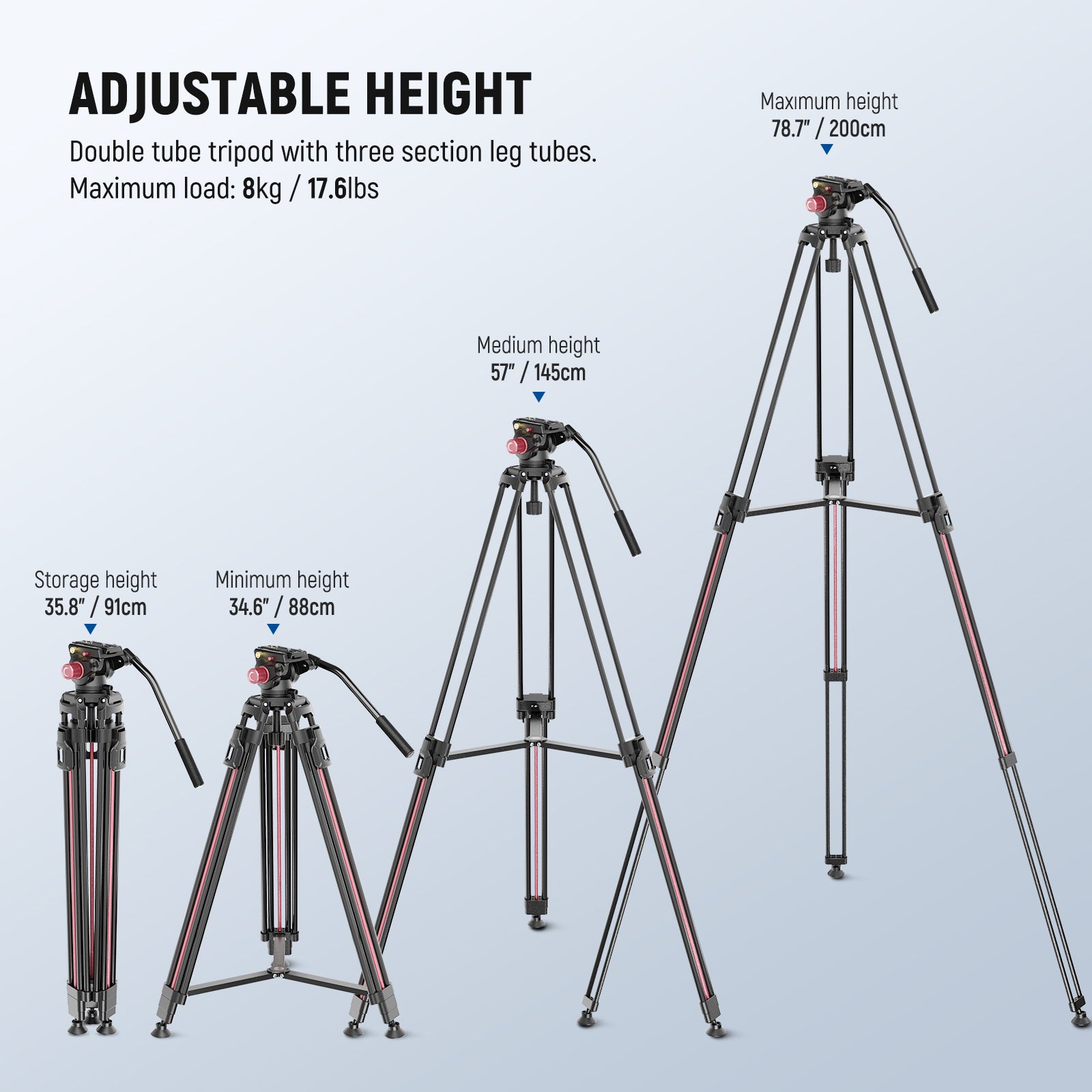 you can easily extend the LL38 camera tripod stand from 34.6"/88cm to 78.7"/200cm
