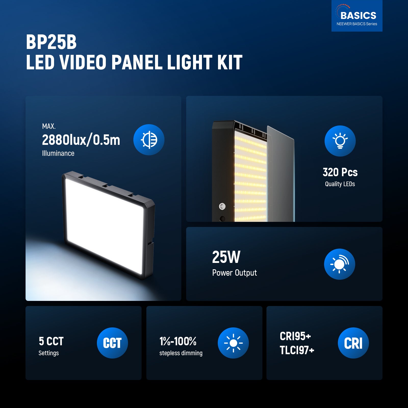 This LED video light panel produces delivering 2880lux/0.5m brightness with 25W power output.