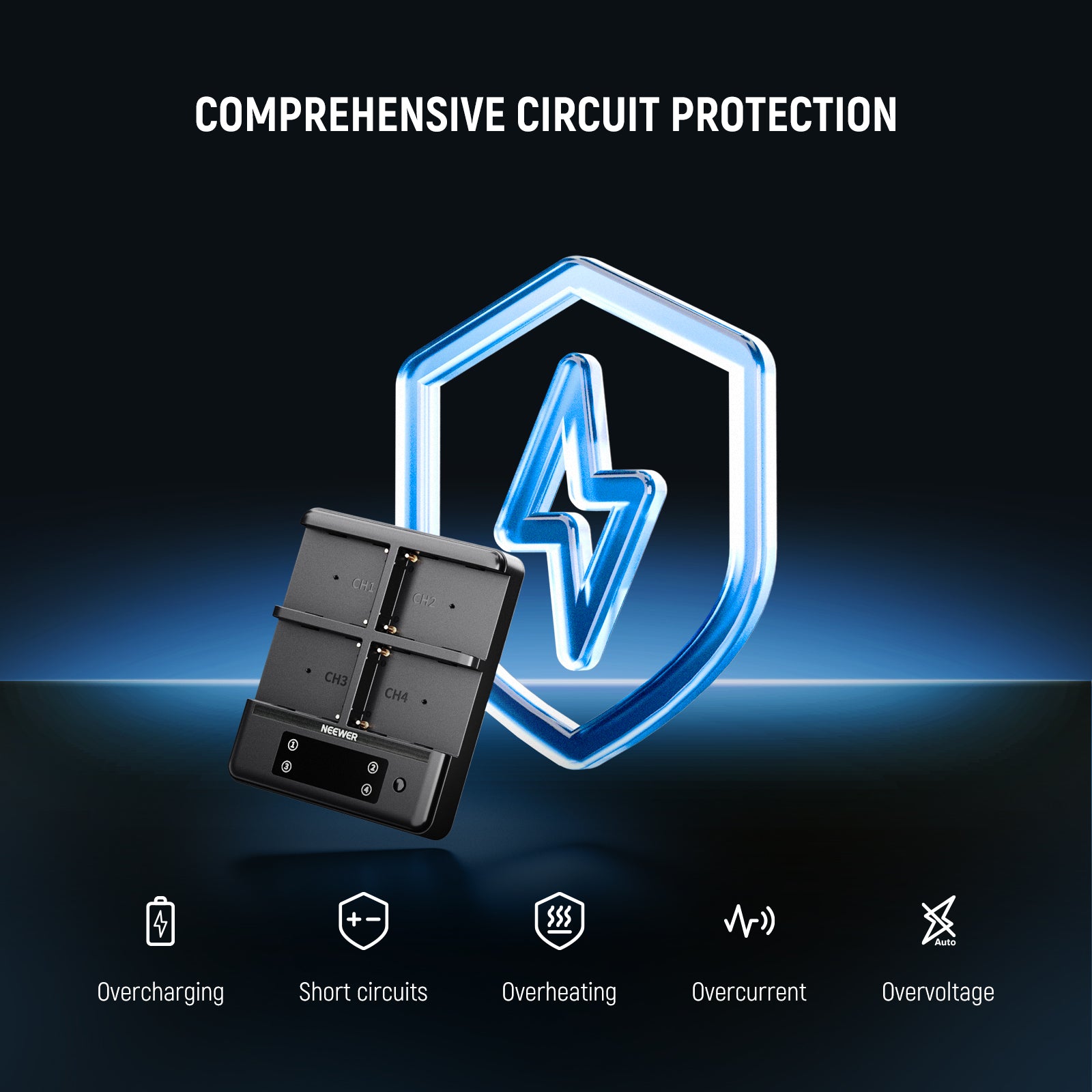 NEEWER NW-F4R 4 Channel Charger offers comprehensive circuit protection.