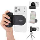 NEEWER MG01 magnetic phone camera grip with wireless charging, showing handheld use, MagSafe attachment, and tripod mount compatibility