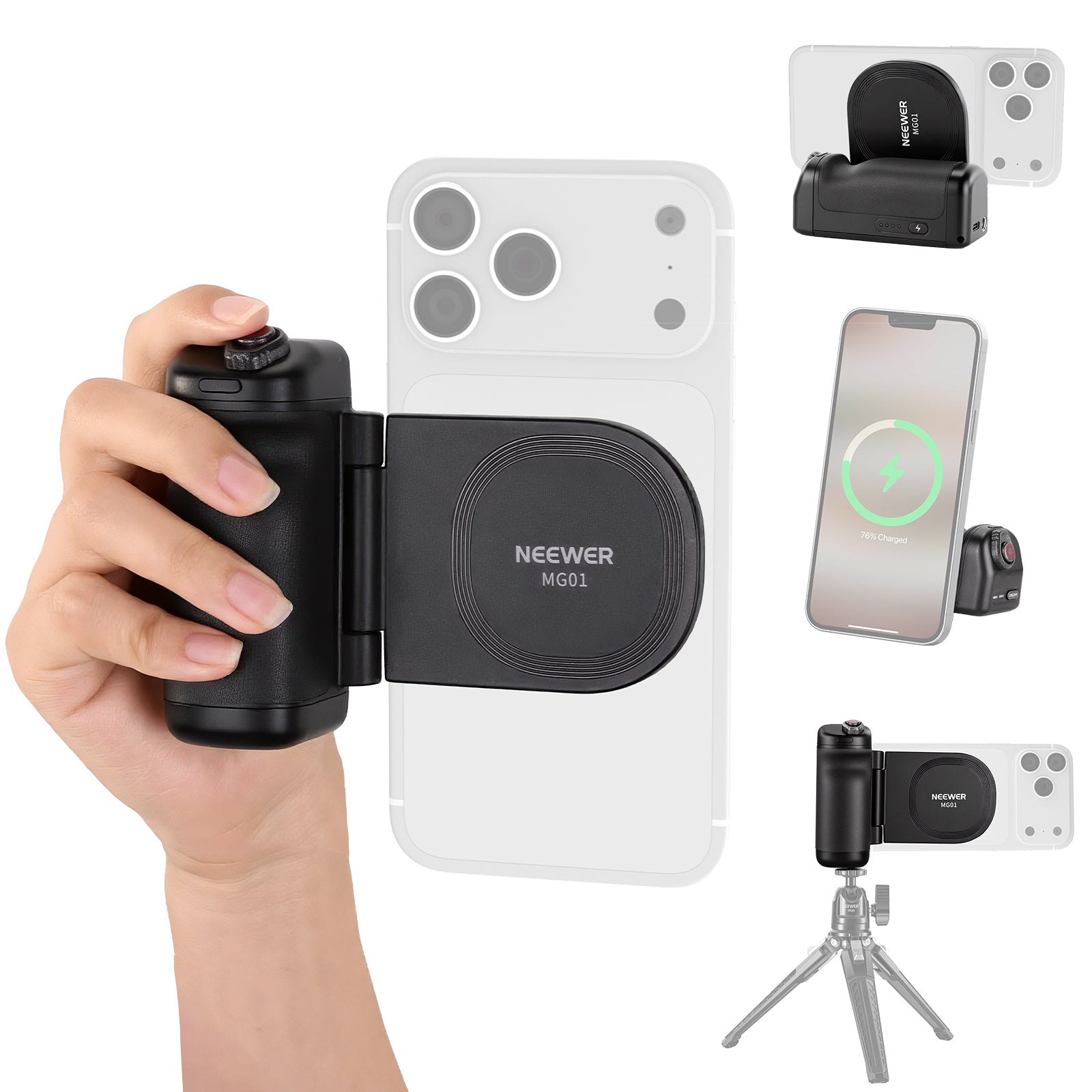 NEEWER MG01 magnetic phone camera grip with wireless charging, showing handheld use, MagSafe attachment, and tripod mount compatibility