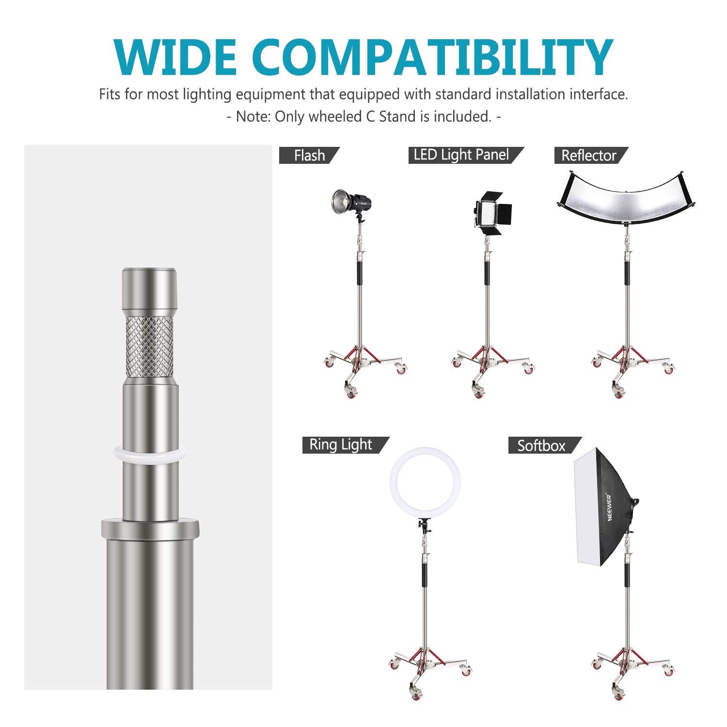 Wide Compatibility of the NEEWER 305cm Rolling Light Stand