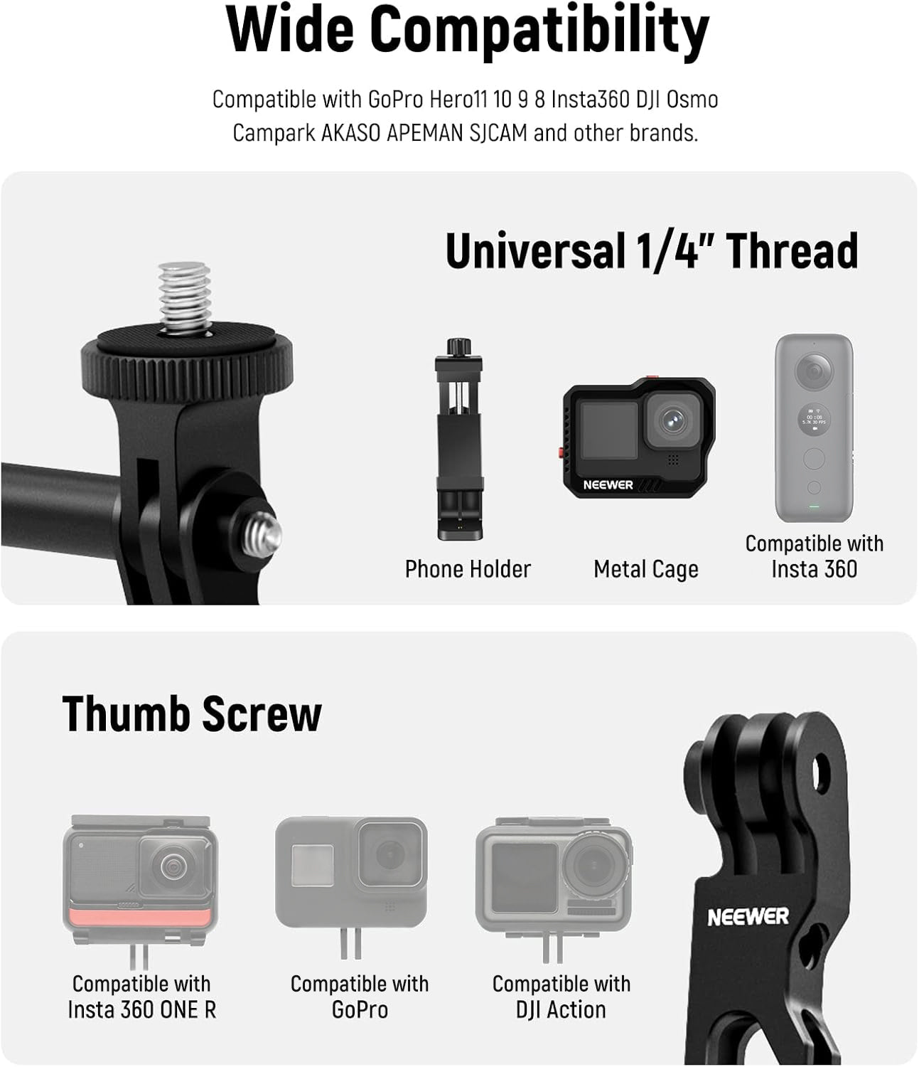 NEEWER Aluminum Alloy Action Camera Extension Arms Set is widely compatible.