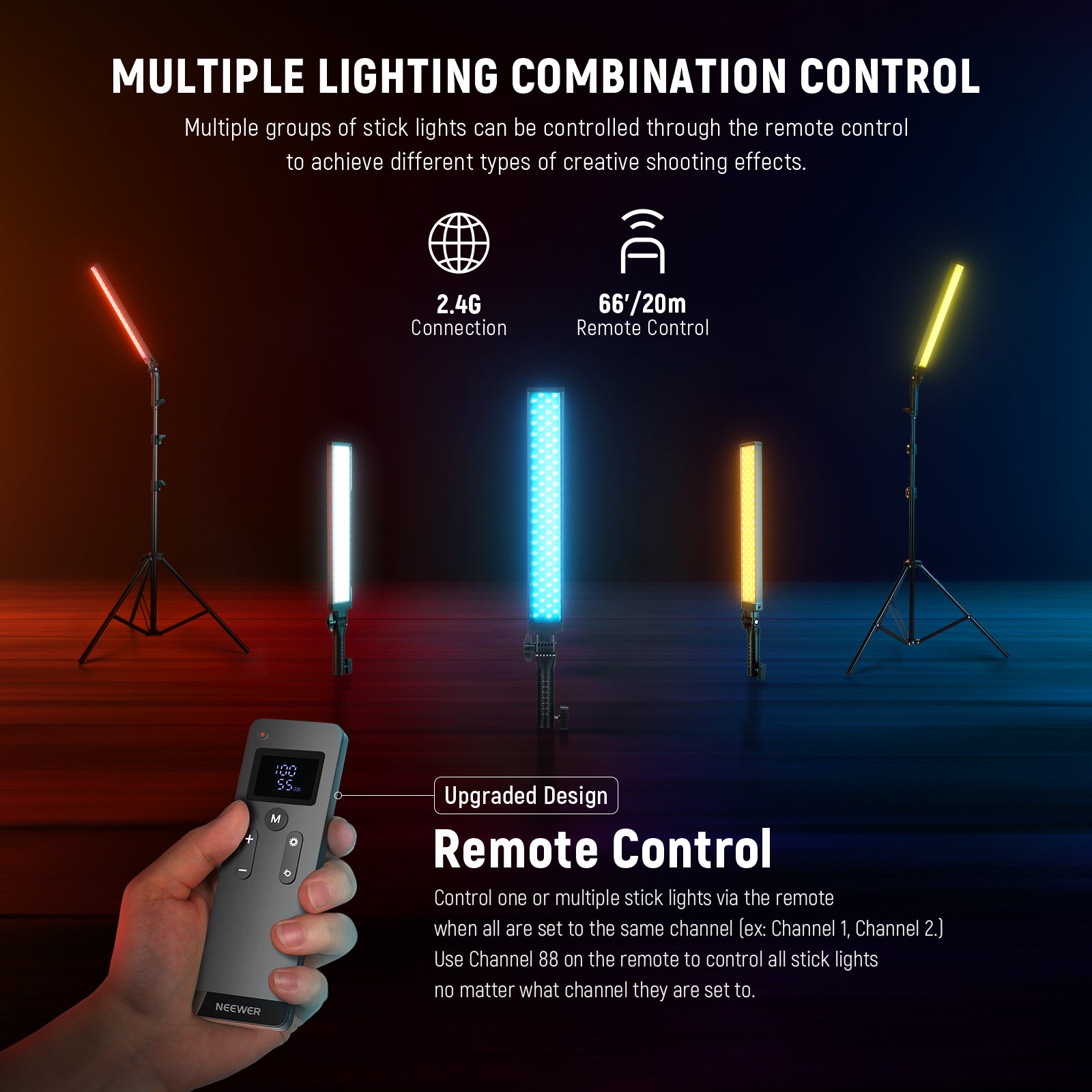 Neewer 2.4G RGB LED Light Stick, 3-Pack Photography Lighting Kit with  Remote Control, Dimmable 3200K~5600K with Stand, Arm - China Flash Light  and Video Light price