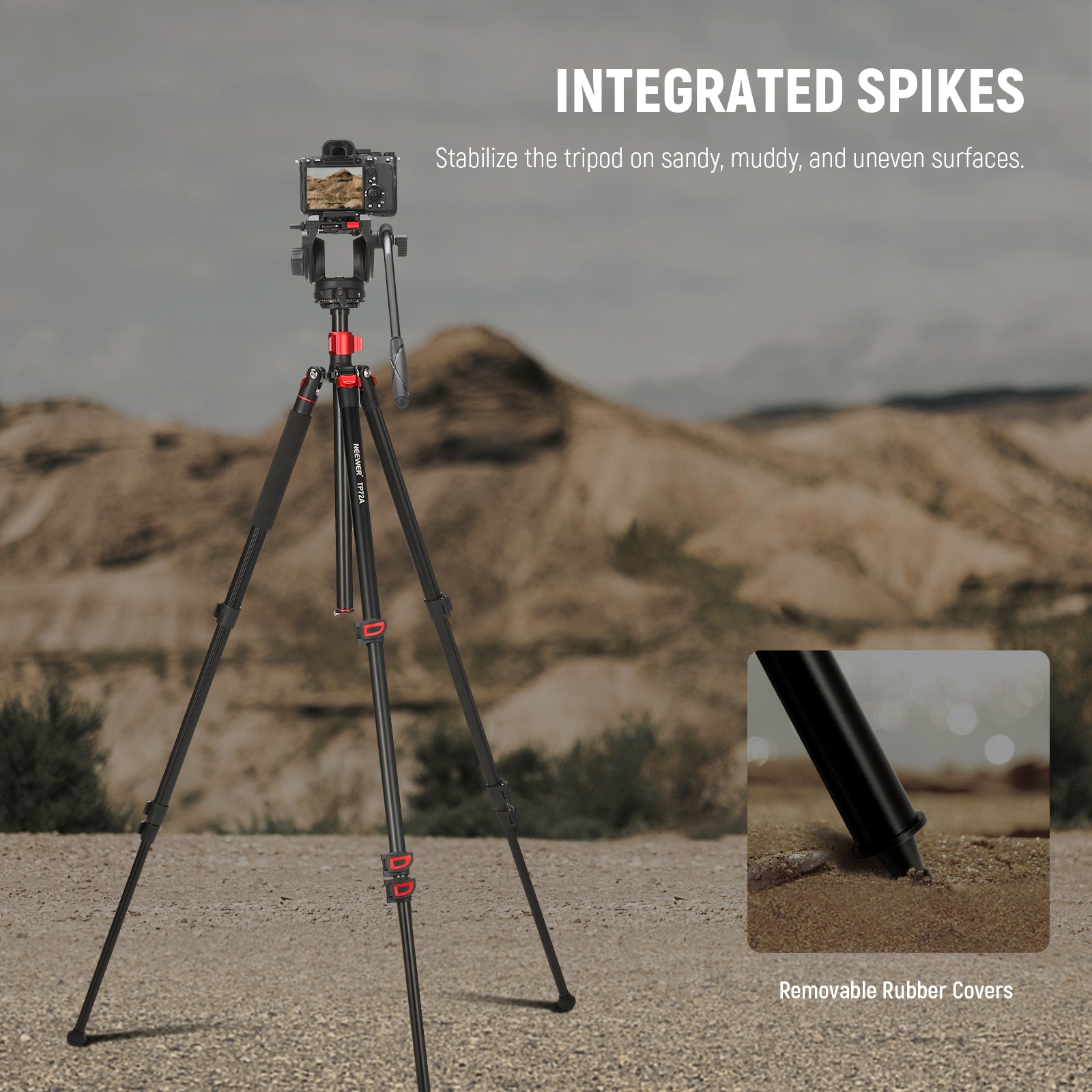 NEEWER TP72A Fluid Head Video Tripod Monopod features integrated spikes.