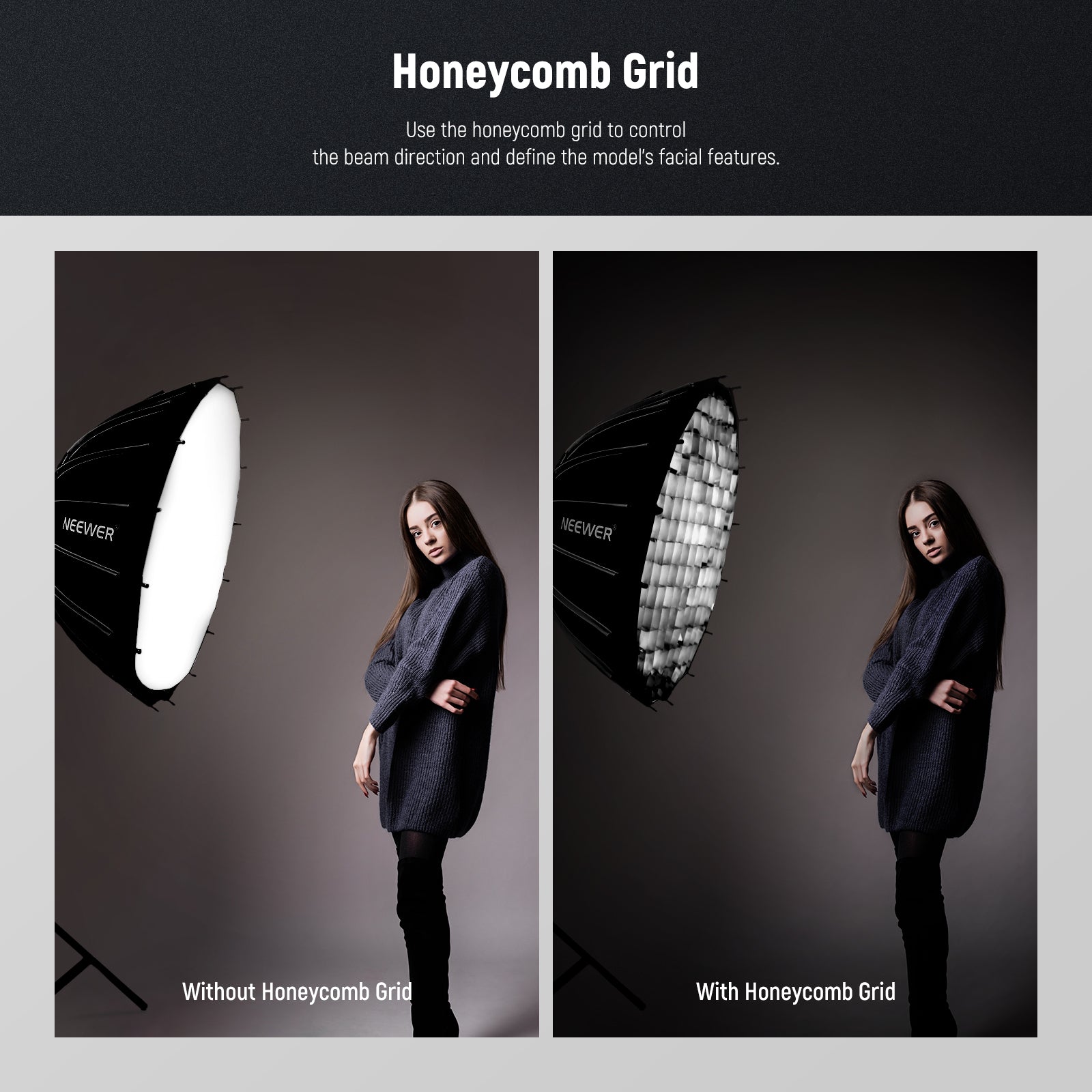 NEEWER SF65Q Parabolic Softbox Kit has a honeycomb grid.