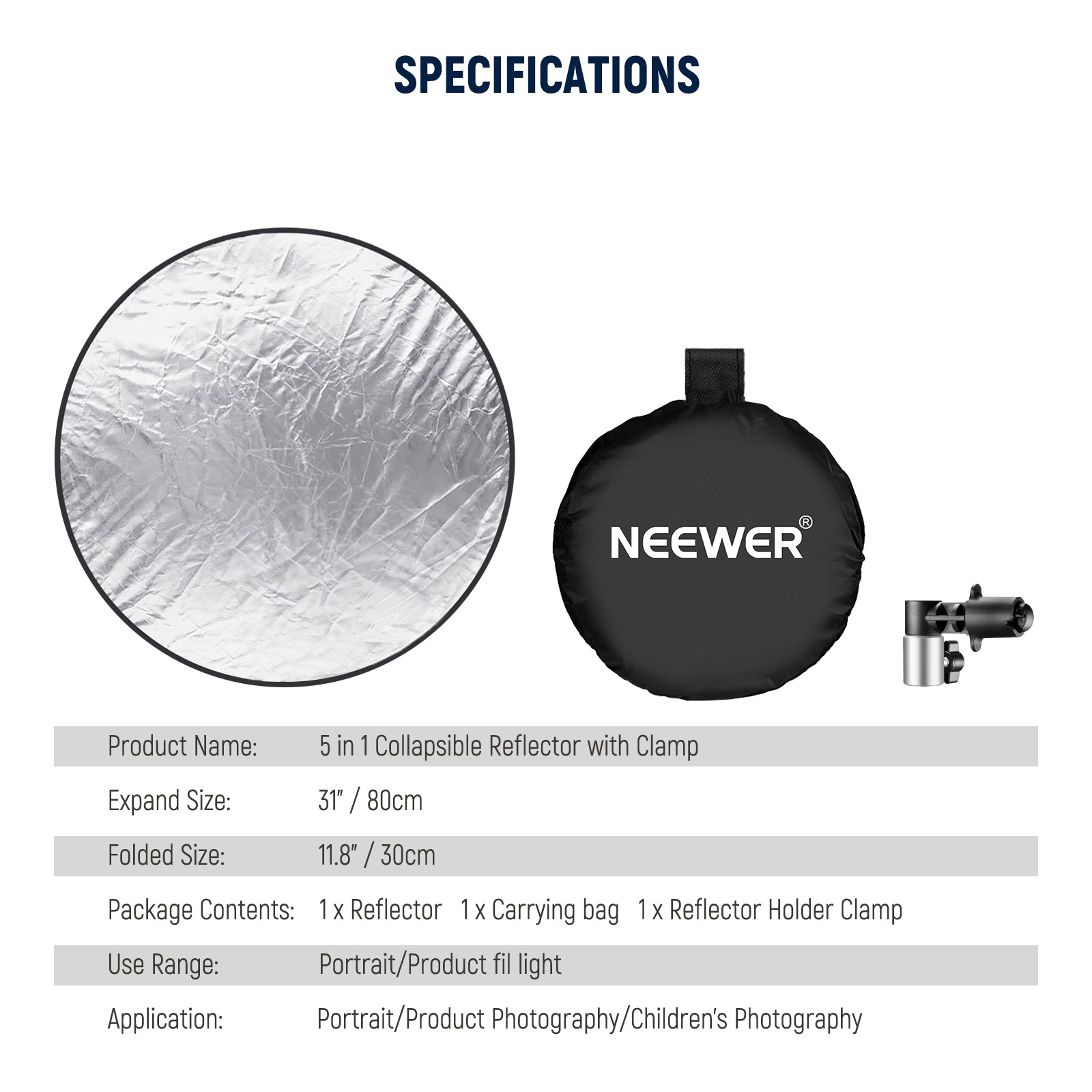NEEWER 5 In 1 Round Reflector Kit with Holder Clip & Bag - NEEWER