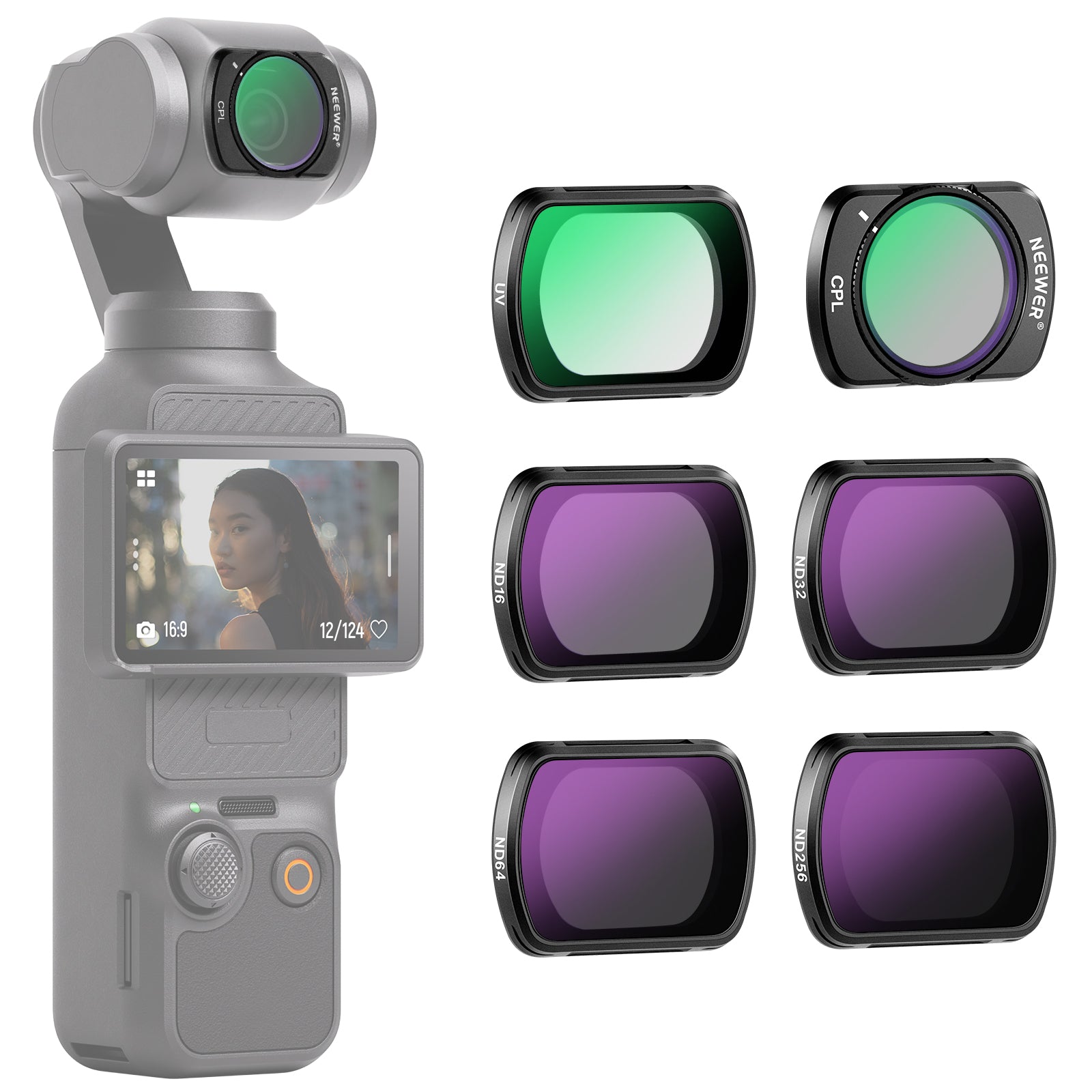 NEEWER Variabele ND2-32 en 1/4 Black diffusiefilter, compatibel met DJI Osmo Pocket 3, Action CAM-accessoires met neutral-density-filter met 2 displaybeschermfolies van gehard glas, HD optisch glas NEEWER Variabele ND2-32 en 1/4 Black diffusiefilter, compatibel met DJI Osmo Pocket 3, Action CAM-accessoires met neutral-density-filter met 2 displaybeschermfolies van gehard glas, HD optisch glas