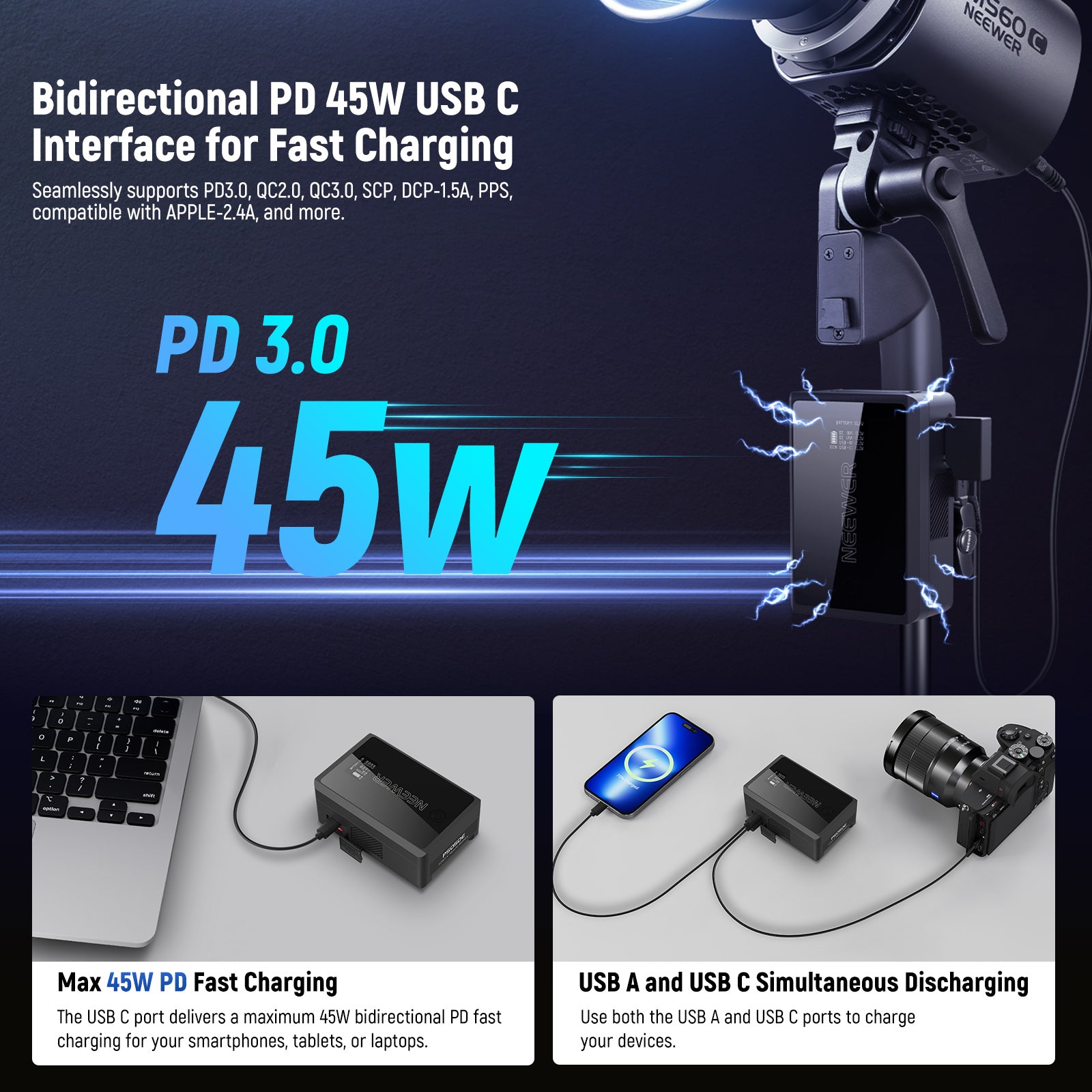 NEEWER PS050E 50Wh V Mount Battery supports simultaneous discharge via USB-A and USB-C ports