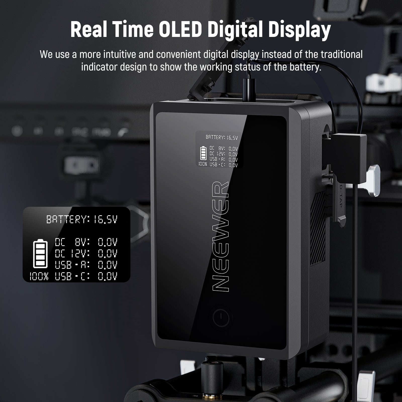 NEEWER PS050E 50Wh V Mount Battery features a real time OLED digital display.